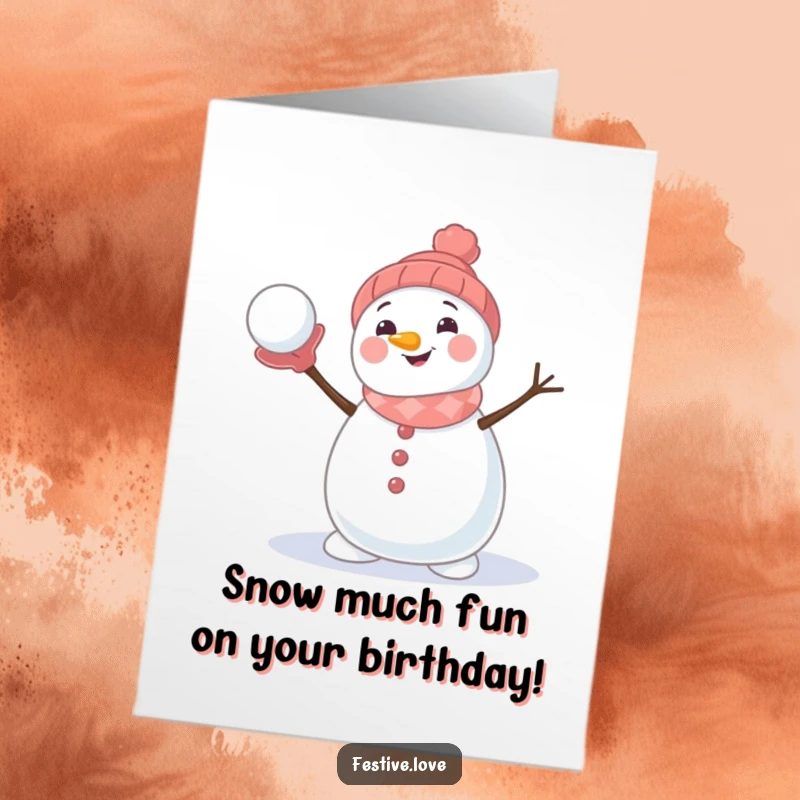 Funny Free Printable Birthday Card: A cheerful snowman playfully hurls a snowball with a mischievous grin, ready to celebrate.