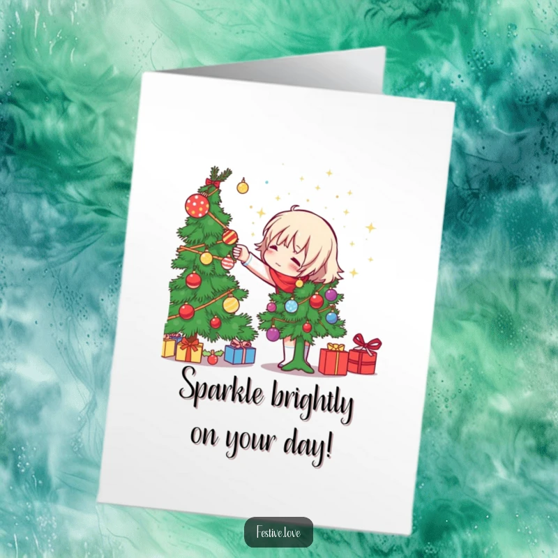Funny Free Printable Birthday Card: Festive character happily tossing sparkly ornaments while decorating a Christmas tree.
