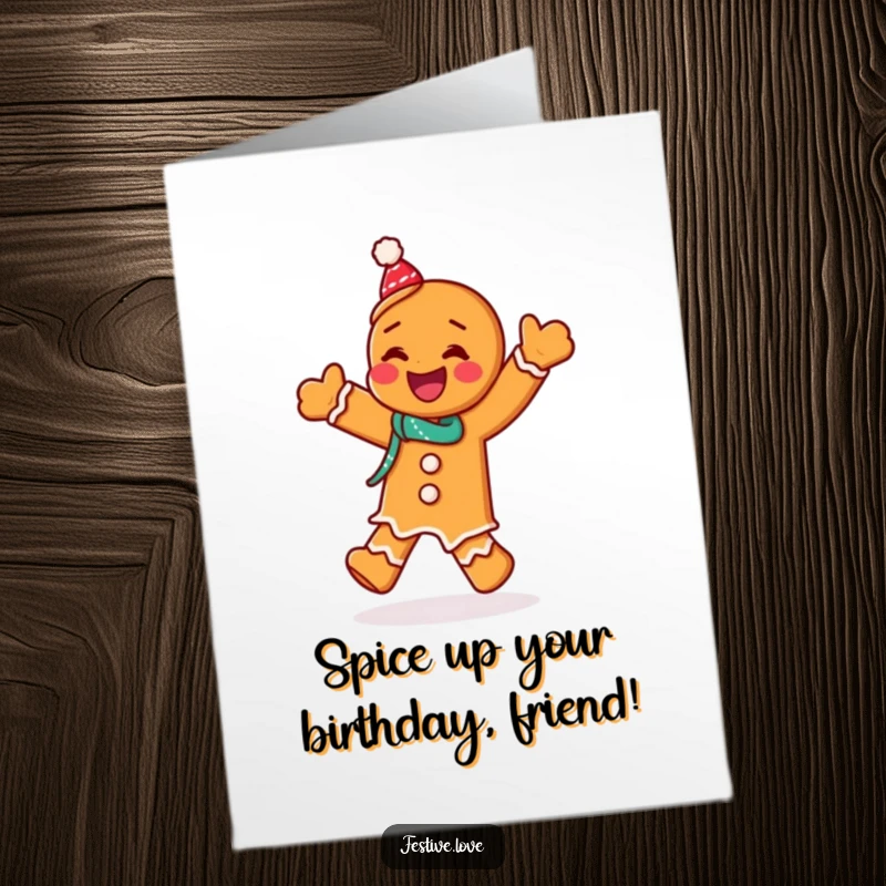 Free Printable Birthday Card: A happy gingerbread man caught mid-jig, giggling with pure birthday joy.