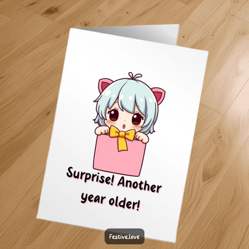 Funny Free Printable Birthday Card: A cute character expresses shock while unwrapping a colorful gift box.