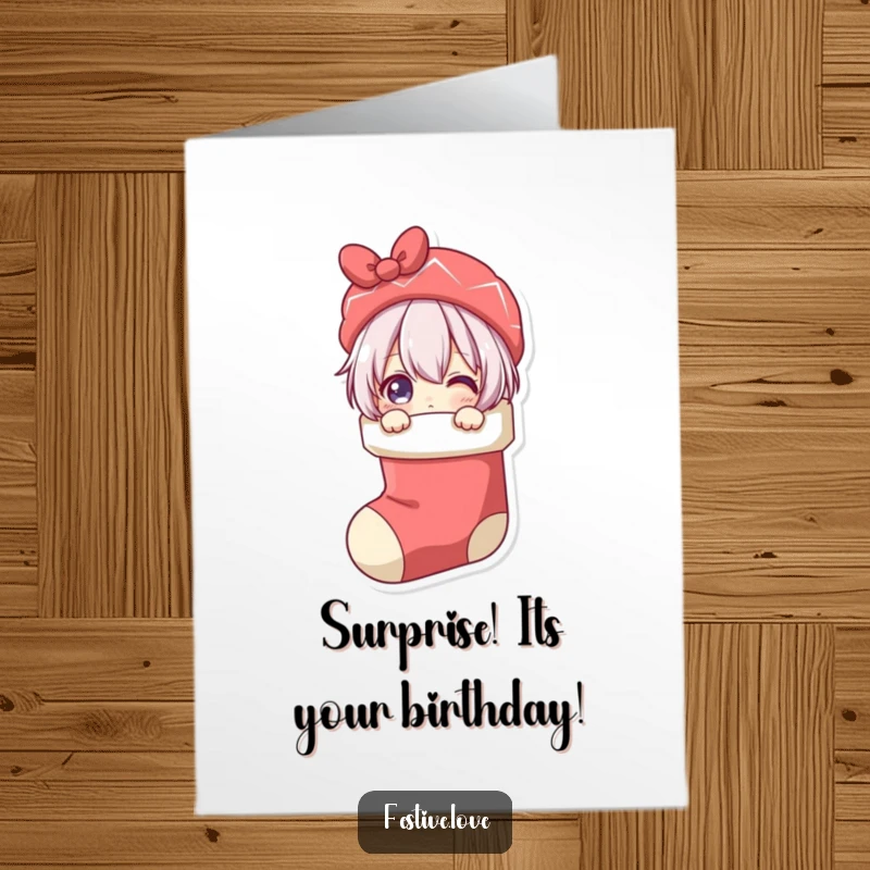 Funny free printable birthday card of a character playfully peeking out from inside a Christmas stocking, ready for a birthday surprise.