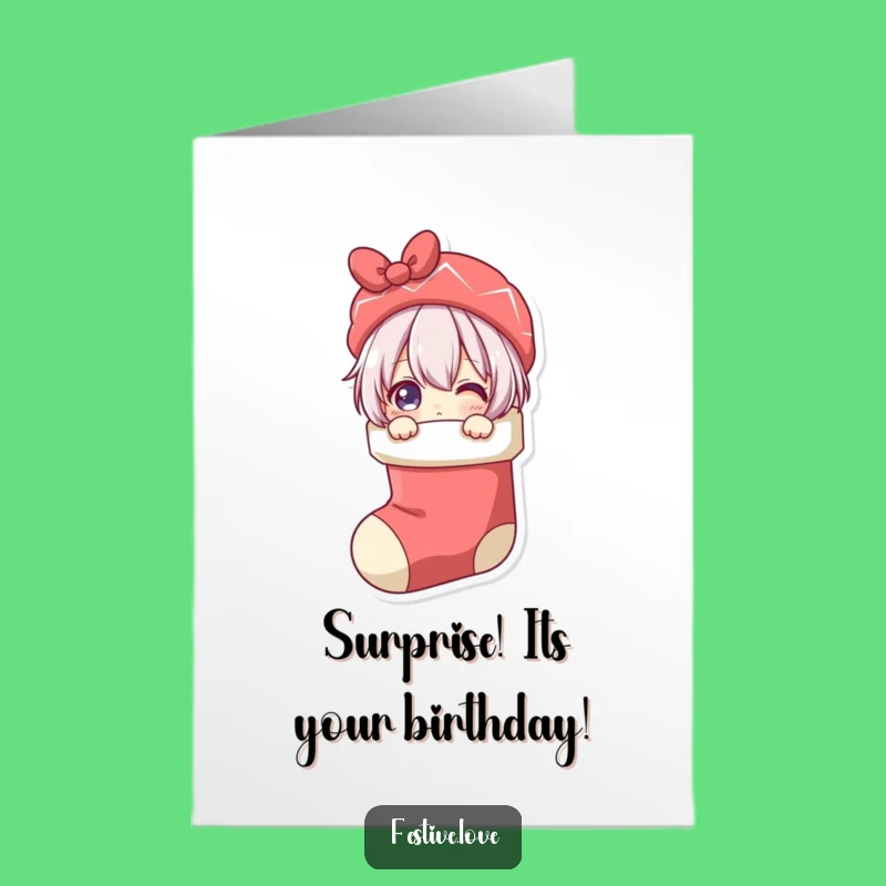 Free Printable Surprise Birthday Card: Peeking Stocking Character Gift