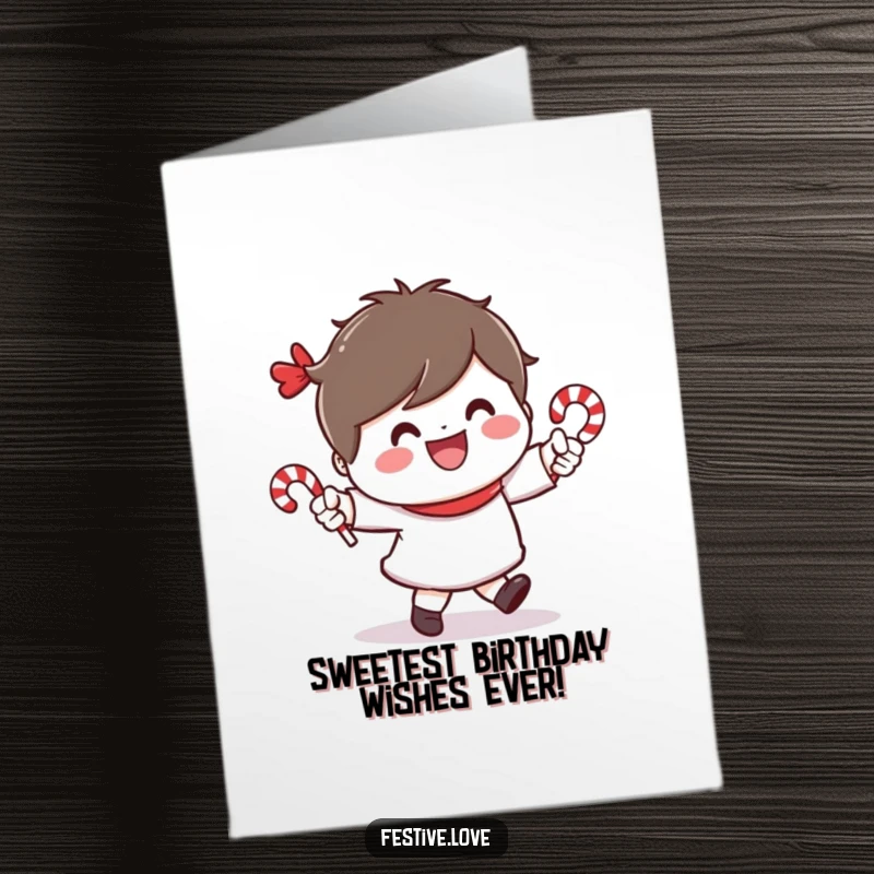 Funny free printable birthday card: Cheerful character dancing energetically with tiny candy canes, a wide smile expressing pure joy.