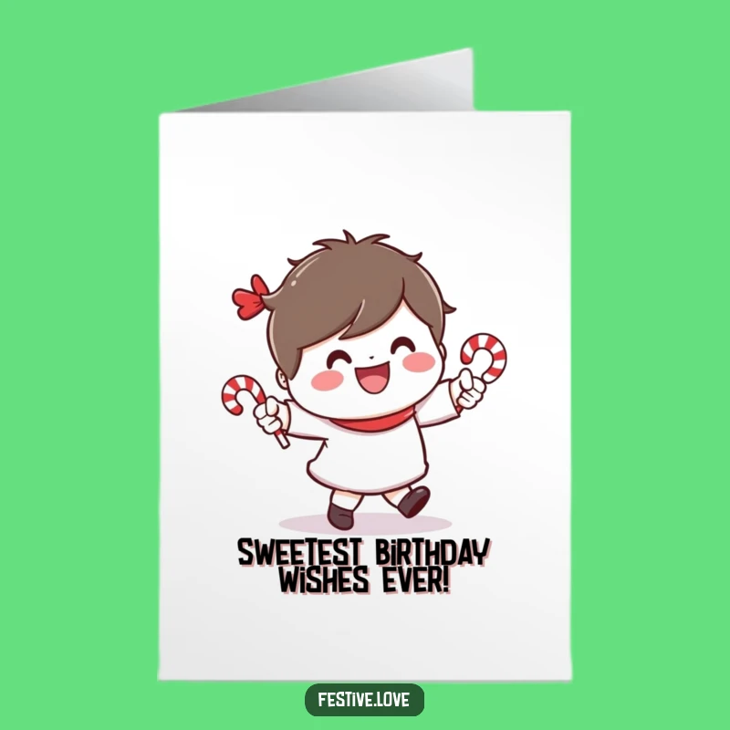 Free Printable Birthday Card: Dancing Candy Cane Character - Cheerful Downloadable Greeting