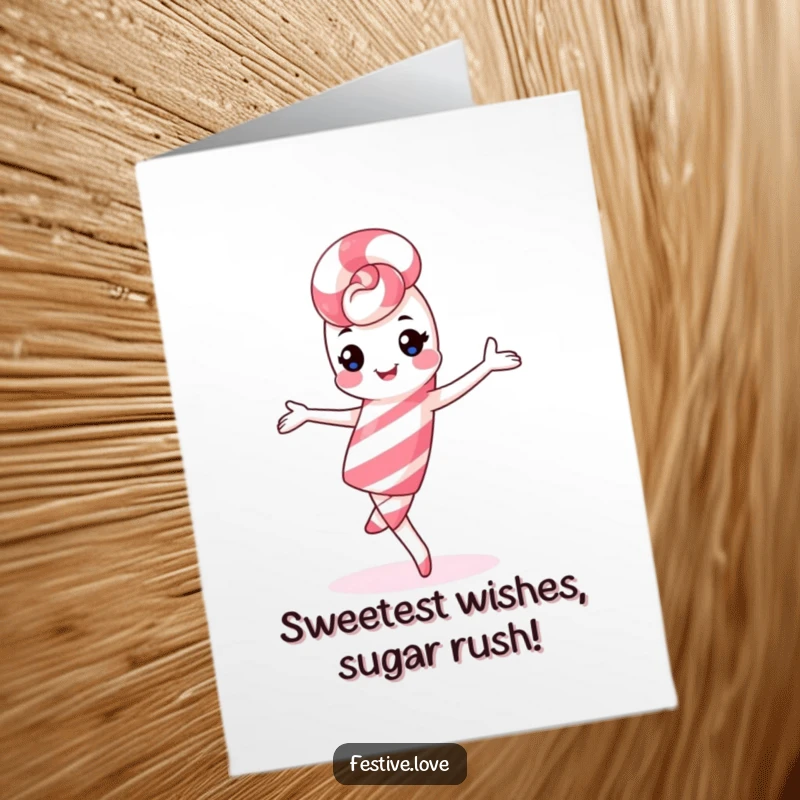 Funny Free Printable Birthday Card: A cute kawaii candy cane character performing a joyful pirouette with a happy expression.