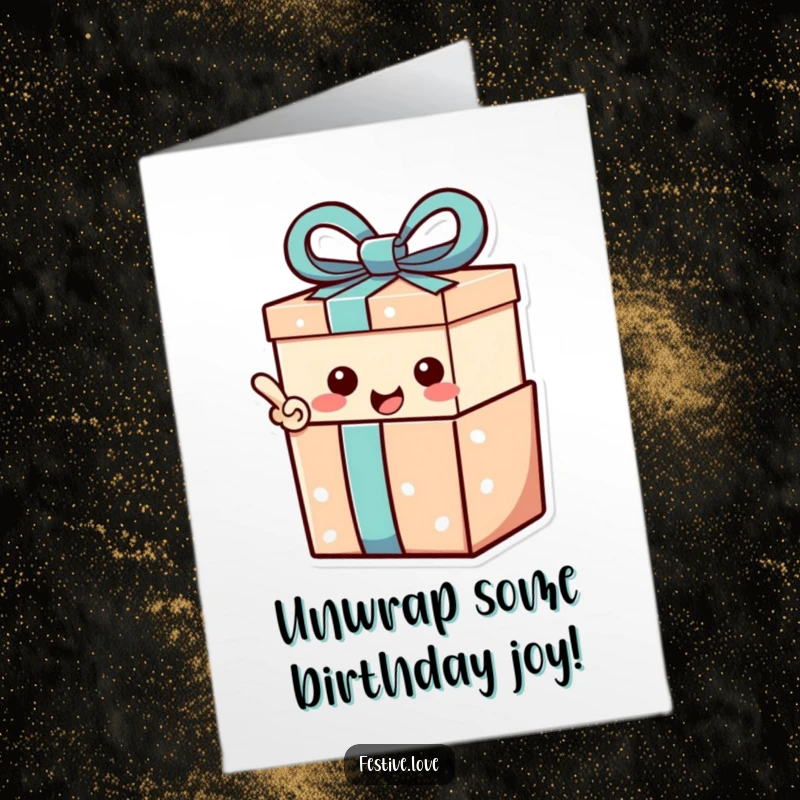 Funny Free Printable Birthday Card showing a gift box character bursting with a happy exclamation point.