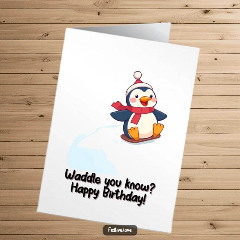 Funny Free Printable Birthday Card: A festive penguin character gleefully slides down an icy hill, winter sports, celebration.