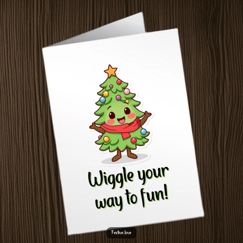 Funny Free Printable Birthday Card: A cute kawaii Christmas tree character doing a silly, festive wiggle with joyful abandon.