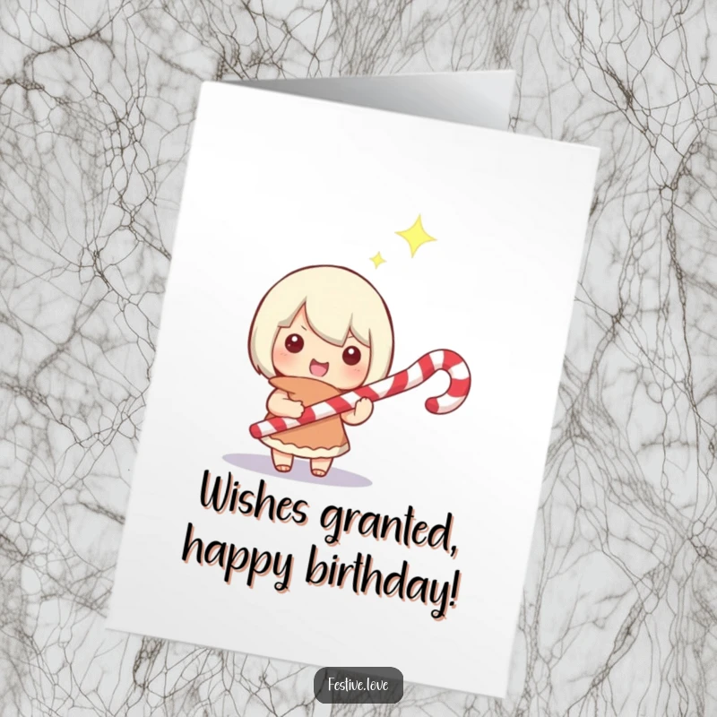 Funny Free Printable Birthday Card: Small character holds a candy cane like a magic wand, a happy glint in its eye, casting birthday spells.