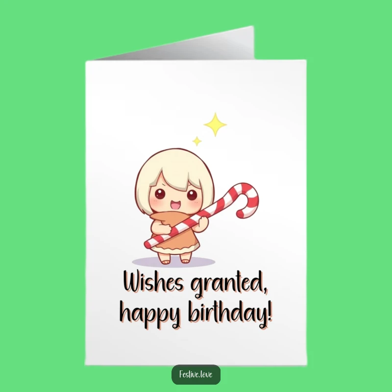 Free Printable Funny Birthday Card - Magical Candy Cane Character Design