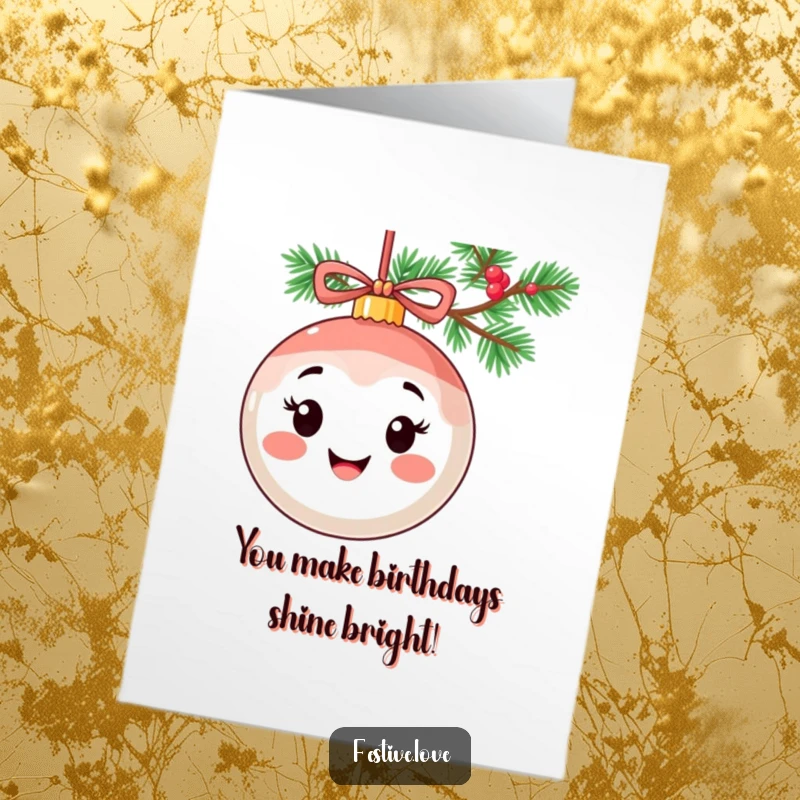 Funny Free Printable Ornament Birthday Card: Smiling ornament character with cheerful expression hanging from a garland for a birthday.