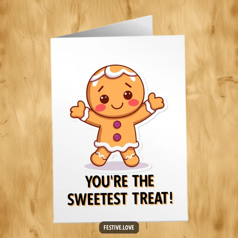 Funny Free Printable Birthday Card: A smiling gingerbread man with frosting accents joyfully dances, wishing a happy birthday.