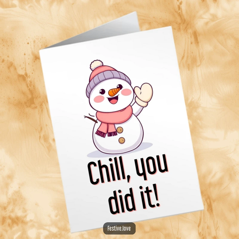 Funny Free Printable Congrats Card: A kawaii snowman with a carrot nose energetically waves hello with a mitten.