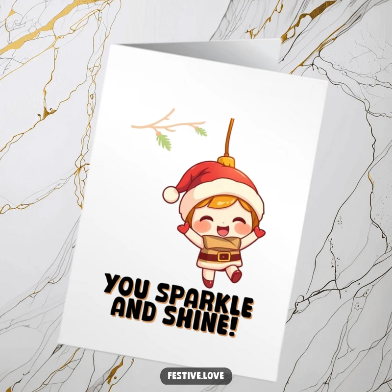 Funny Free Printable Congratulations Card: A giggling Christmas ornament character swinging merrily, embodying festive celebration and happiness.