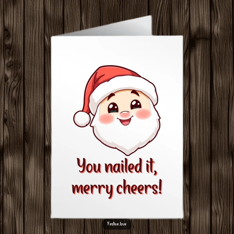 Free Printable Congratulations Card featuring a happy Santa hat character nodding happily, celebrating success with festive spirit.