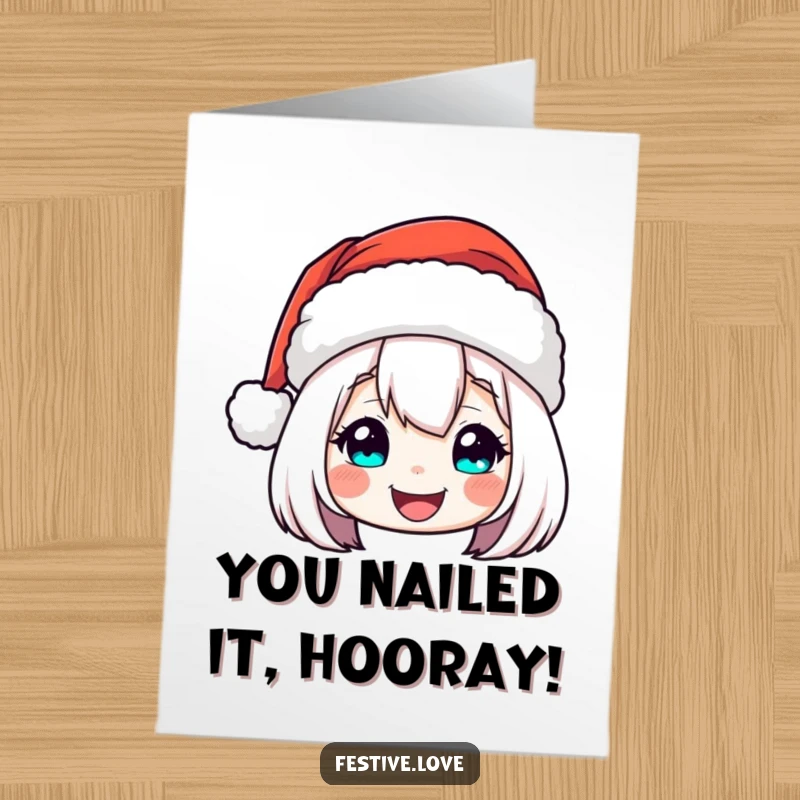 Funny Free Printable Congratulations Card showing a Santa hat character in a cheerful, celebratory bob.