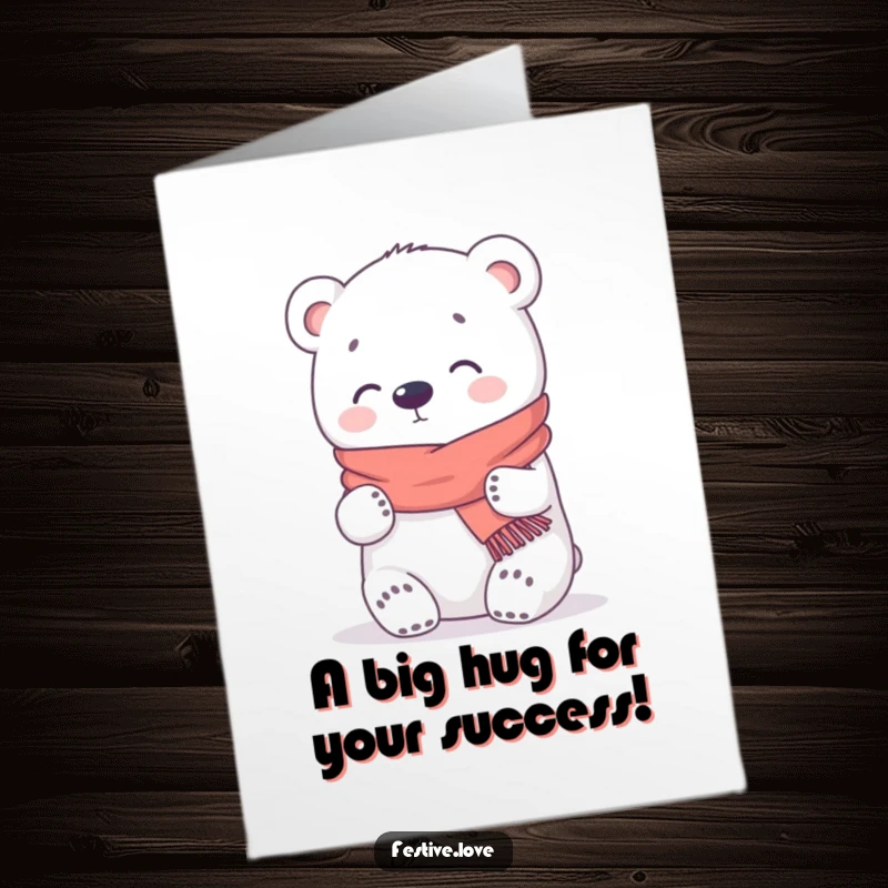 Funny Free Printable Congratulations Card: A kawaii polar bear in a small scarf giving a comforting and warm hug.