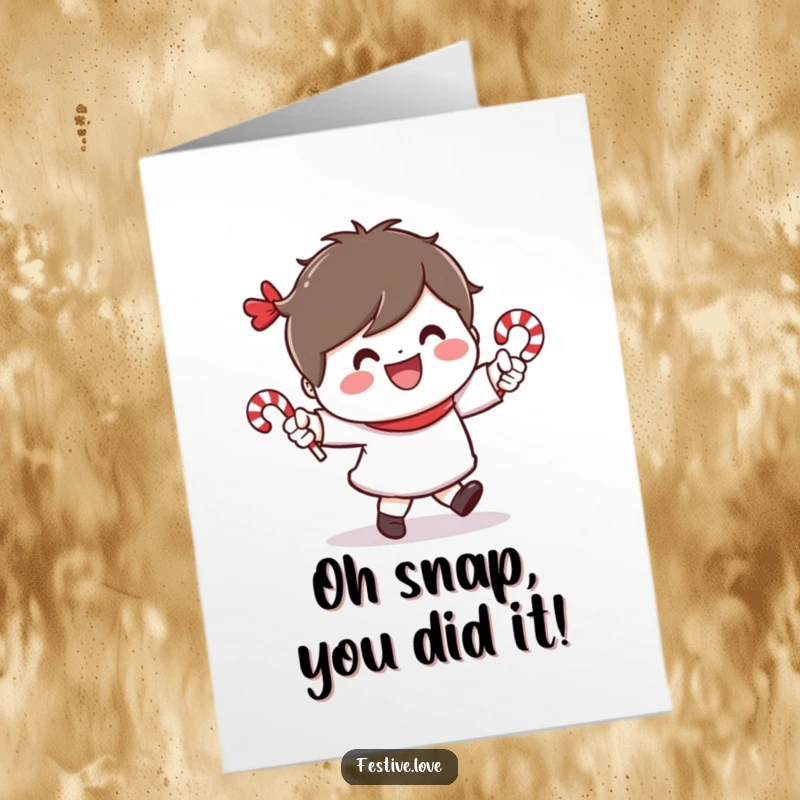 Funny free printable congratulations card: A cheerful character joyfully dancing with tiny candy canes, expressing festive excitement.