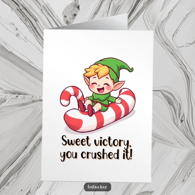 Funny Free Printable Congrats Card: Gleeful elf character zooming down a giant candy cane, celebrating success.