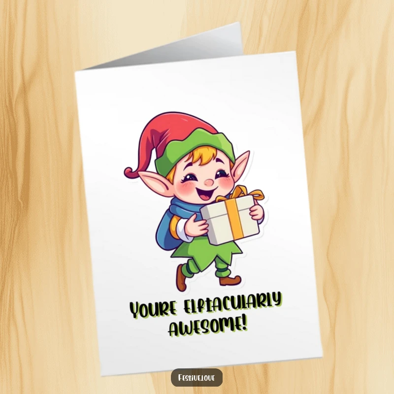 Funny Free Printable Congratulations Card: A jolly elf grins, presenting a gift to celebrate their spectacular success.