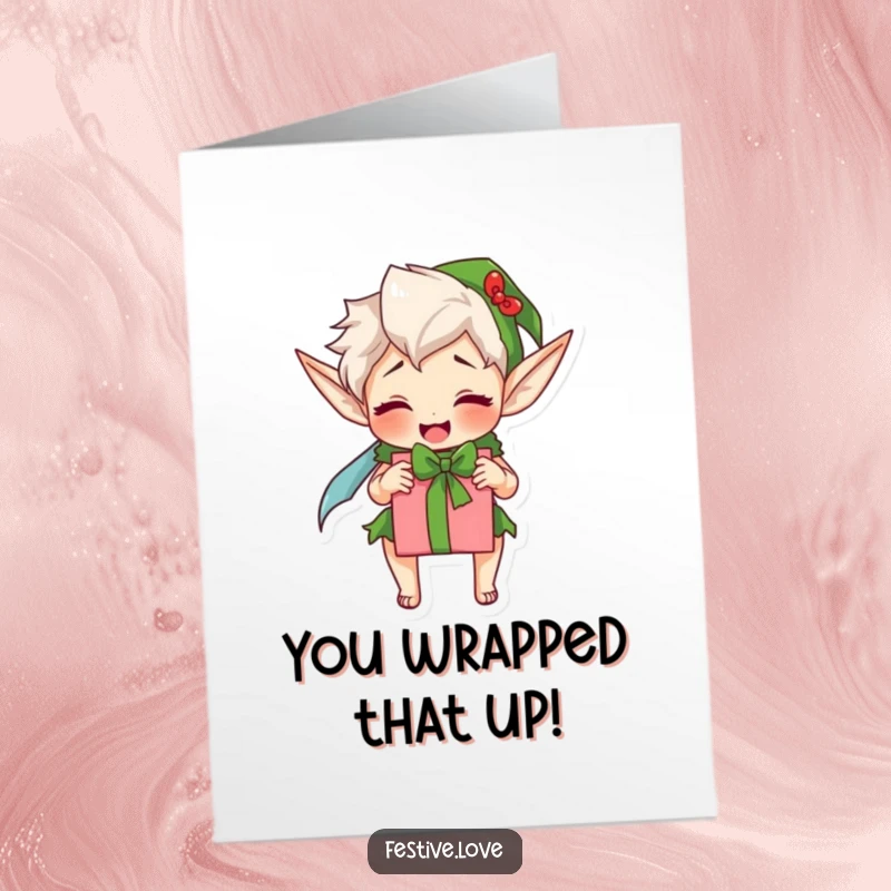 Funny Free Printable Congrats Card: An elf character enthusiastically wrapping a gift, offering congratulations with downloadable, festive, and humorous flair.