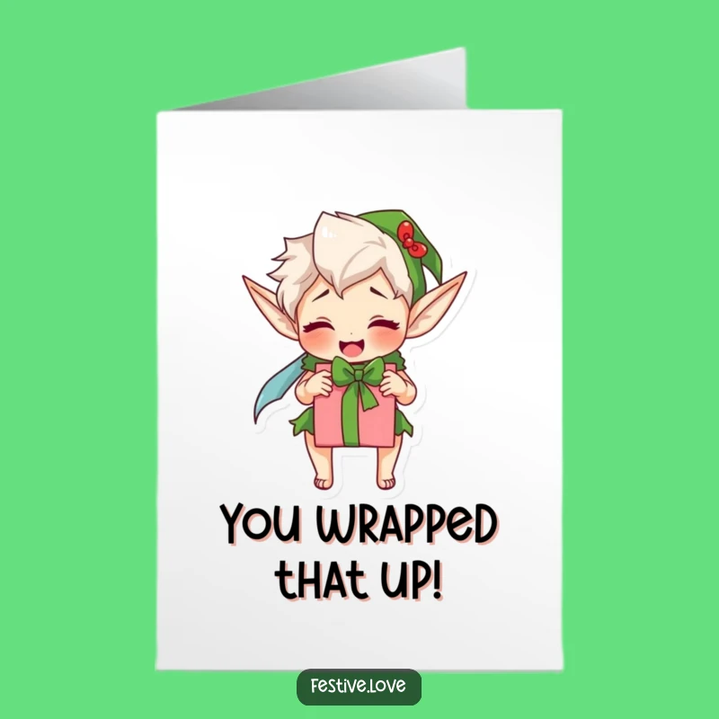 Free Printable Congrats Card: Elf Wrapping Present, Humorous Celebration Downloadable Gift