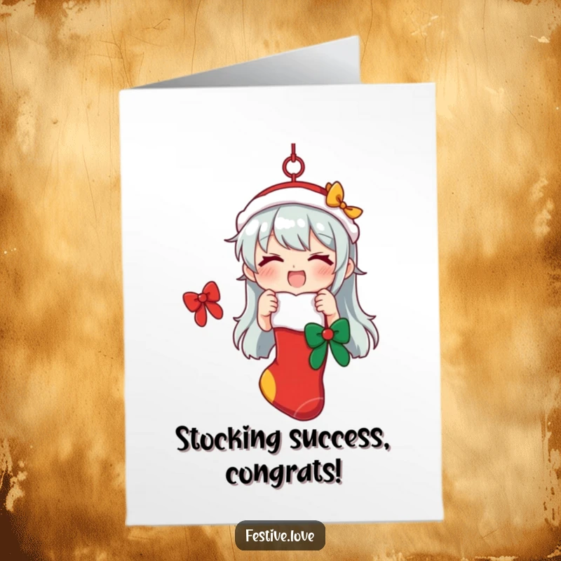 Funny Free Printable Congratulations Card: A character enthusiastically hangs a festive stocking, anticipating joyful rewards and celebrations.