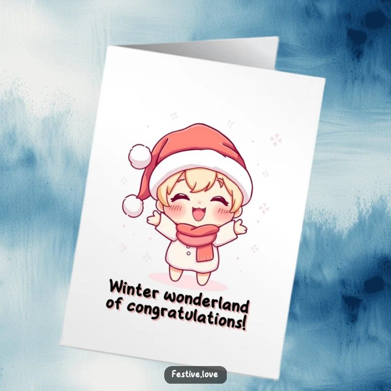 Funny free printable congratulations card: Adorable Santa character gleefully tossing sparkling snowflakes to mark a special occasion.