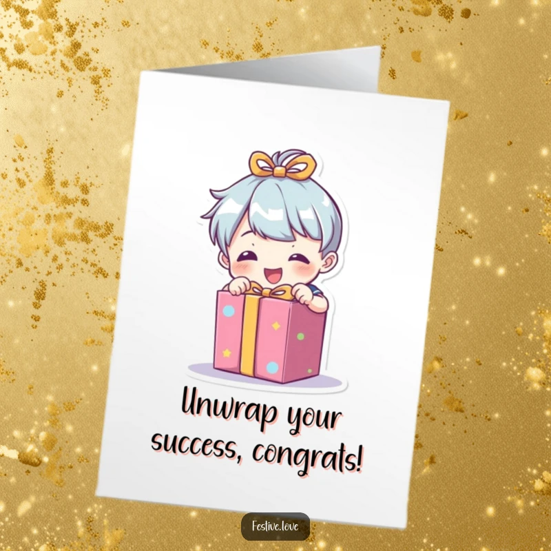 Funny free printable congratulations card: Little character eagerly unwrapping a brightly colored gift, symbolizing a delightful surprise.