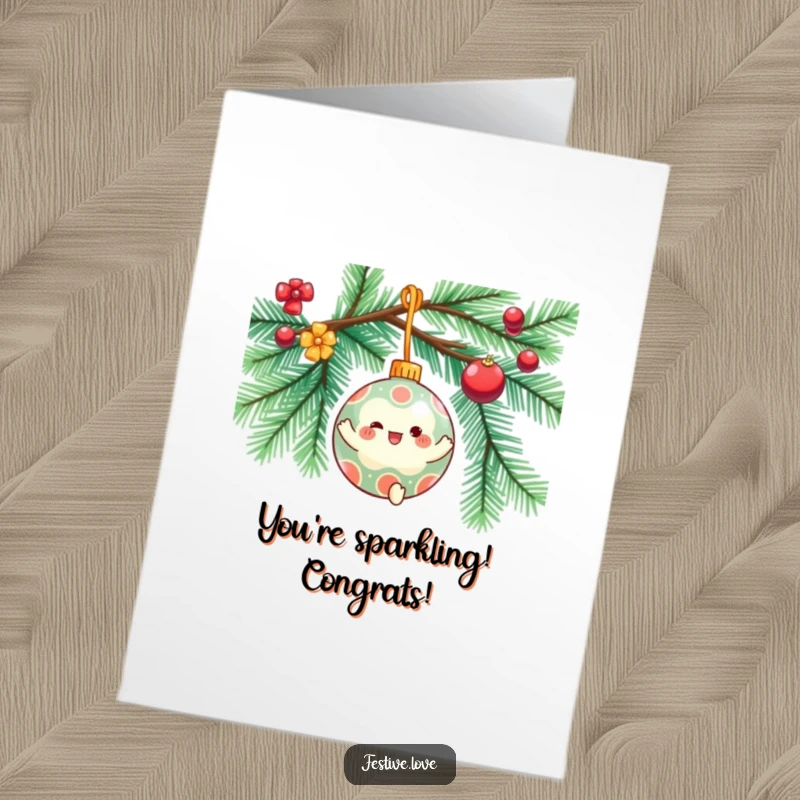 Funny Free Printable Congratulations Card: Ornament character in mid-spin on a tree branch, embodying ecstatic celebration and festive congratulations.