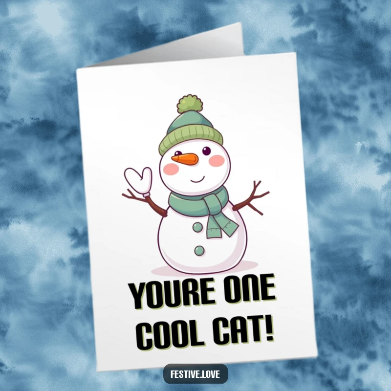 Funny Free Printable Congratulations Card: A smiling snowman with a carrot nose waves enthusiastically with twig arms, celebrating good news.