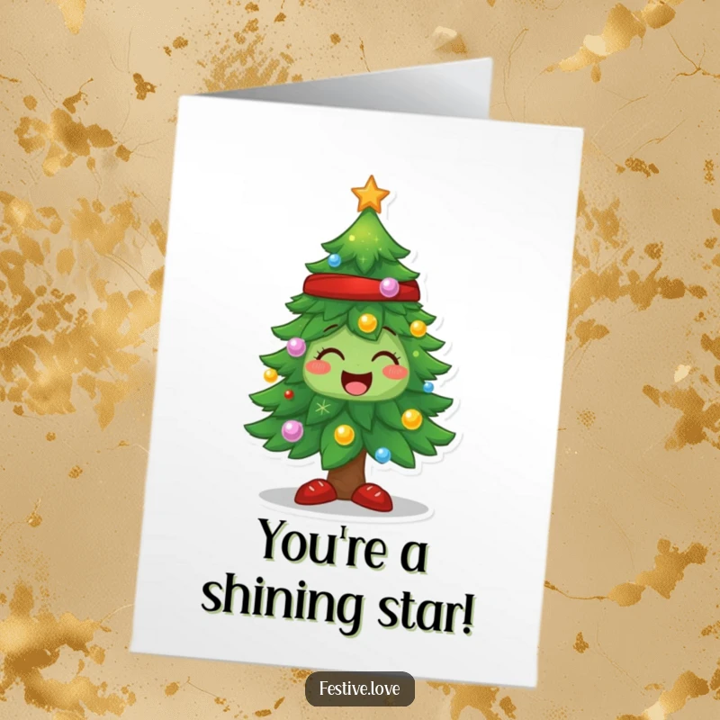 Funny Free Printable Congrats Card: A Christmas tree character sparkling with happiness, offering congratulations with downloadable, festive, and humorous light.