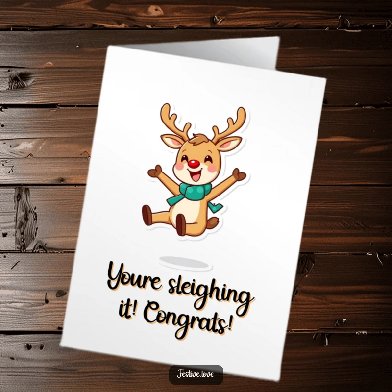 Funny Free Printable Congratulations Card: Energetic reindeer leaping with pure joy, celebrating achievements.