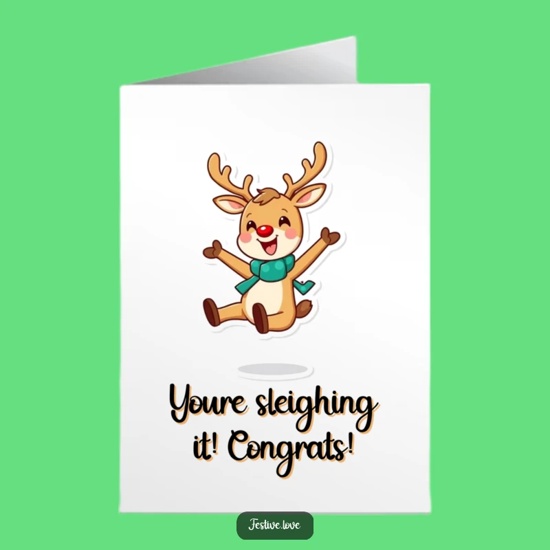 Free Printable Congrats Card: Joyful Reindeer Leap Funny Downloadable Greeting