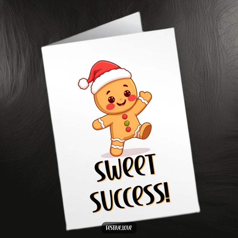 Funny Free Printable Congrats Card: A kawaii gingerbread man wearing a Santa hat busts a move in a happy dance.