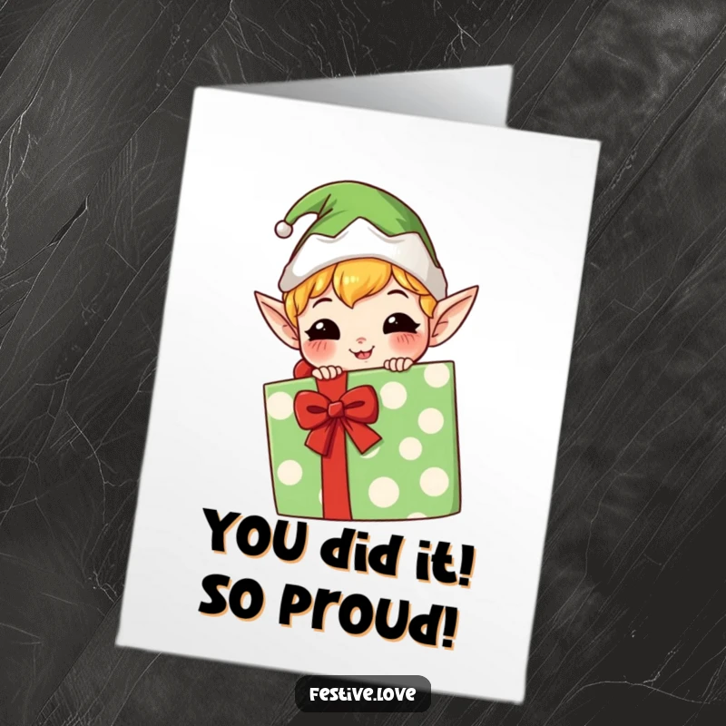 Funny Free Printable Congratulations Card: A playful kawaii elf with a cheeky smile pops out from behind a large gift.
