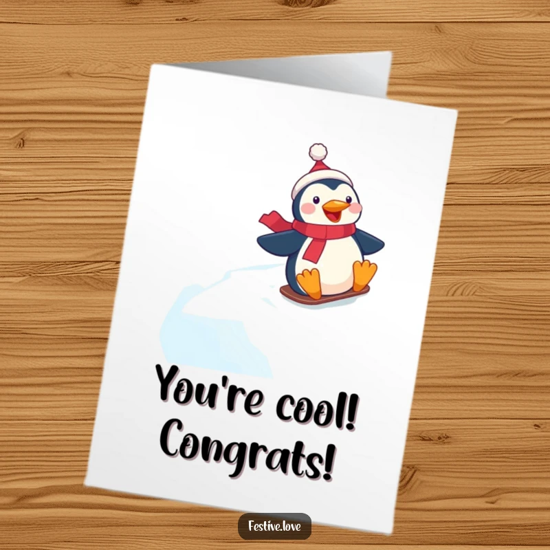 Funny Free Printable Congratulations Card: Festive penguin character slides down an icy hill, celebrating achievement, winter fun.