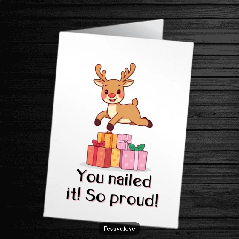 Funny Free Printable Congratulations Card: Reindeer airborne, leaping high over presents, a symbol of grand success and festive wishes.