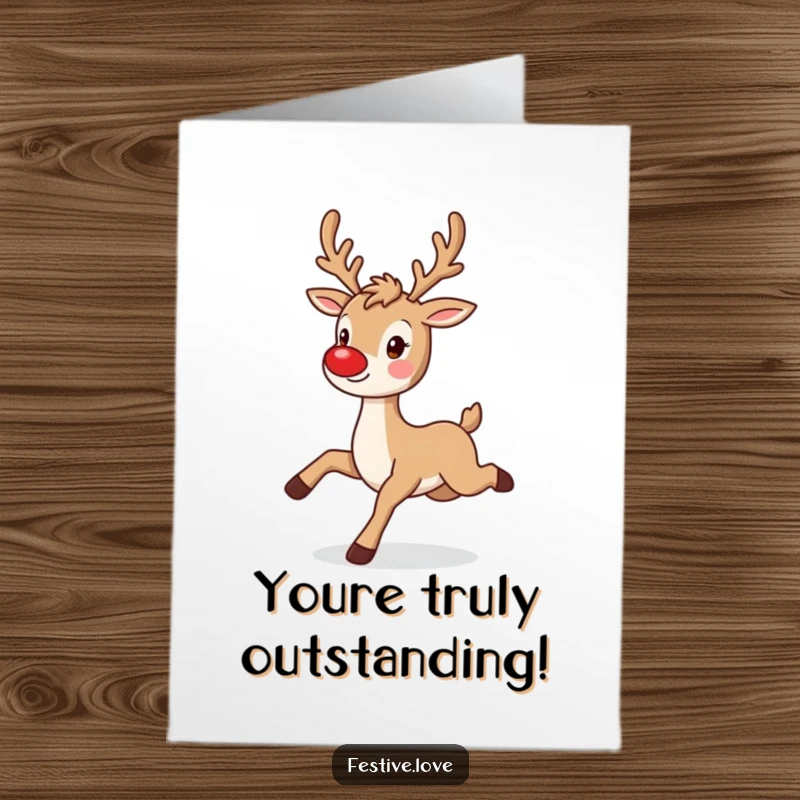 Funny Free Printable Congratulations Card: A playful reindeer with a bright red nose prances energetically, celebrating success with joy.