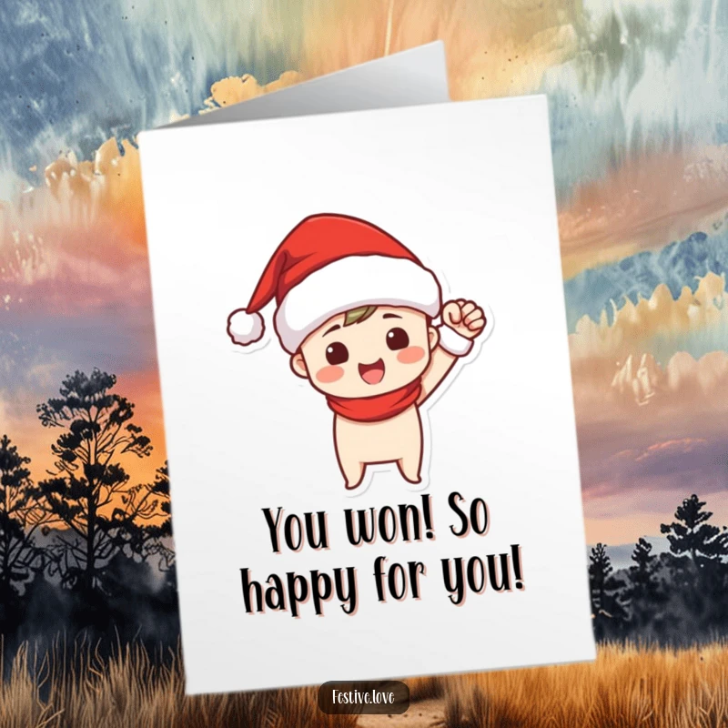 Funny Free Printable Congratulations Card: Character in Santa hat pumps fist in victory, celebrating success with infectious enthusiasm and holiday cheer.
