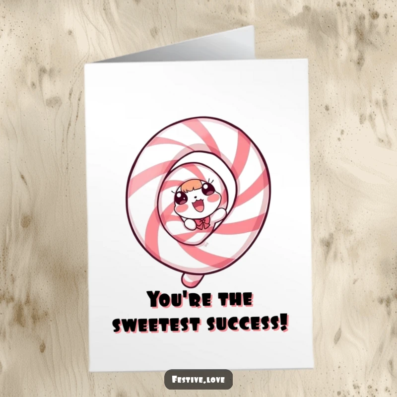 Funny Free Printable Congratulations Card showing a candy cane character spiraling with pure delight over good news.