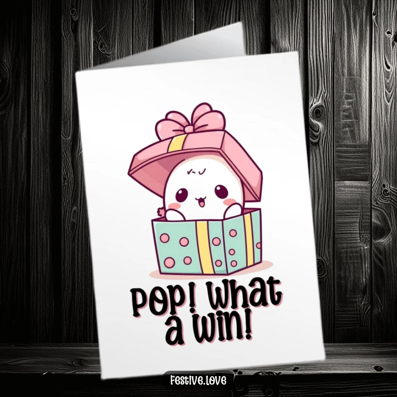 Funny Free Printable Congratulations Card: A kawaii present character's lid popping open, revealing a look of utter surprise.