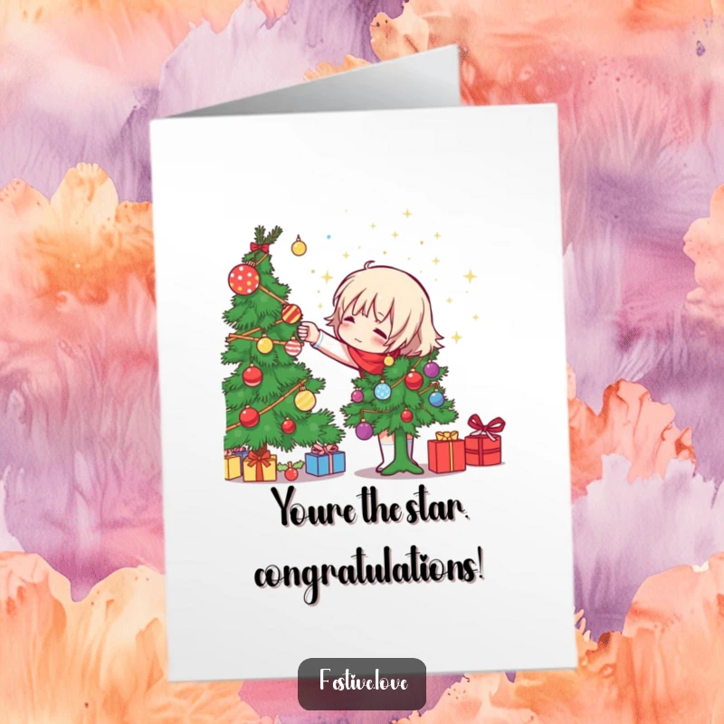 Funny Free Printable Congrats Card: Cheerful character tossing sparkly ornaments, celebrating a wonderful achievement.