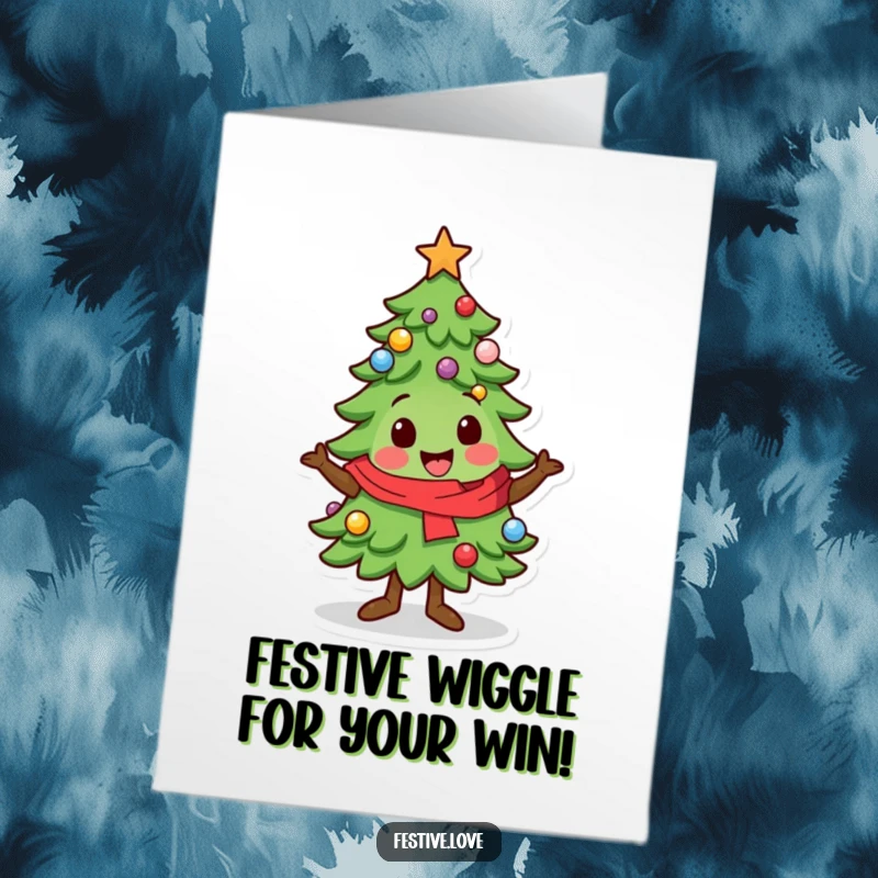 Funny Free Printable Congratulations Card: A kawaii Christmas tree character doing a cheerful, festive wiggle, spreading holiday spirit.