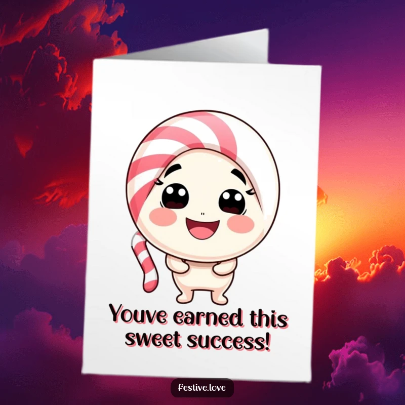 Free Printable Congratulations Card showing a candy cane character bending with a big smile, celebrating an accomplishment with humor.