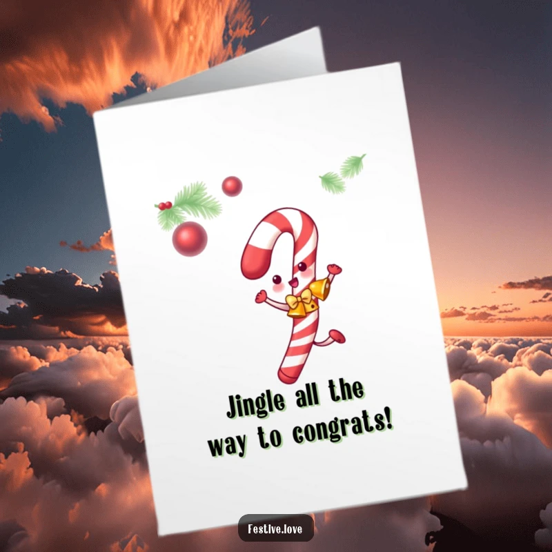 Funny Free Printable Congratulations Card: Dancing candy cane with jingle bells celebrates sweet achievements.