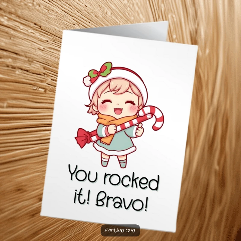 Funny Free Printable Congratulations Card with a character joyfully caroling, holding a candy cane, celebrating a momentous occasion.