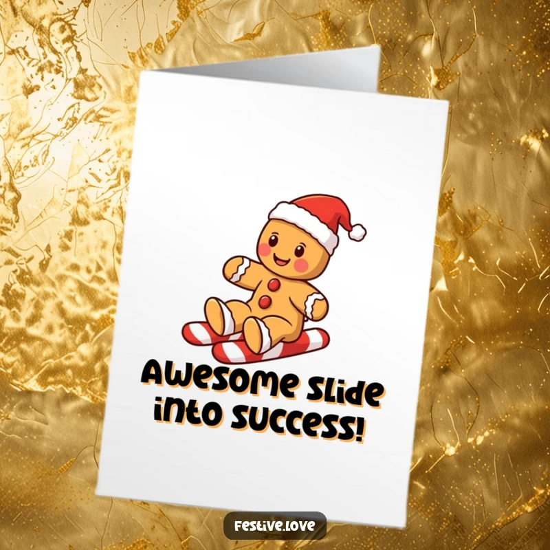Funny Free Printable Congratulations Card: Gingerbread man joyfully slides down candy cane, celebrating sweet accomplishments.