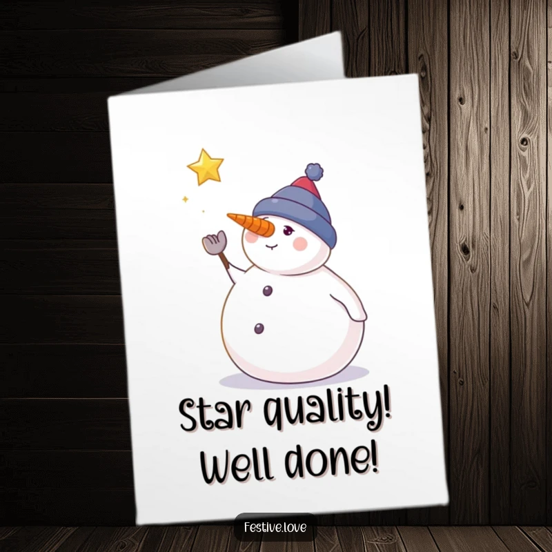 Funny Free Printable Congratulations Card: Snowman gazes at falling star, celebrating luminous success.