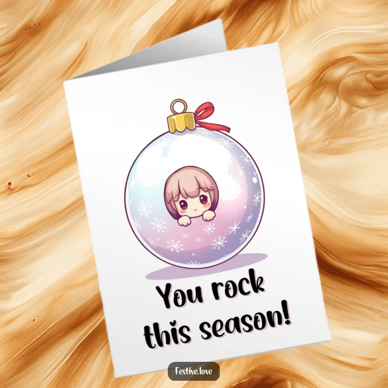 Funny Free Printable Christmas Congratulations Card: Cute character peeking playfully from behind a large, sparkling Christmas ornament.